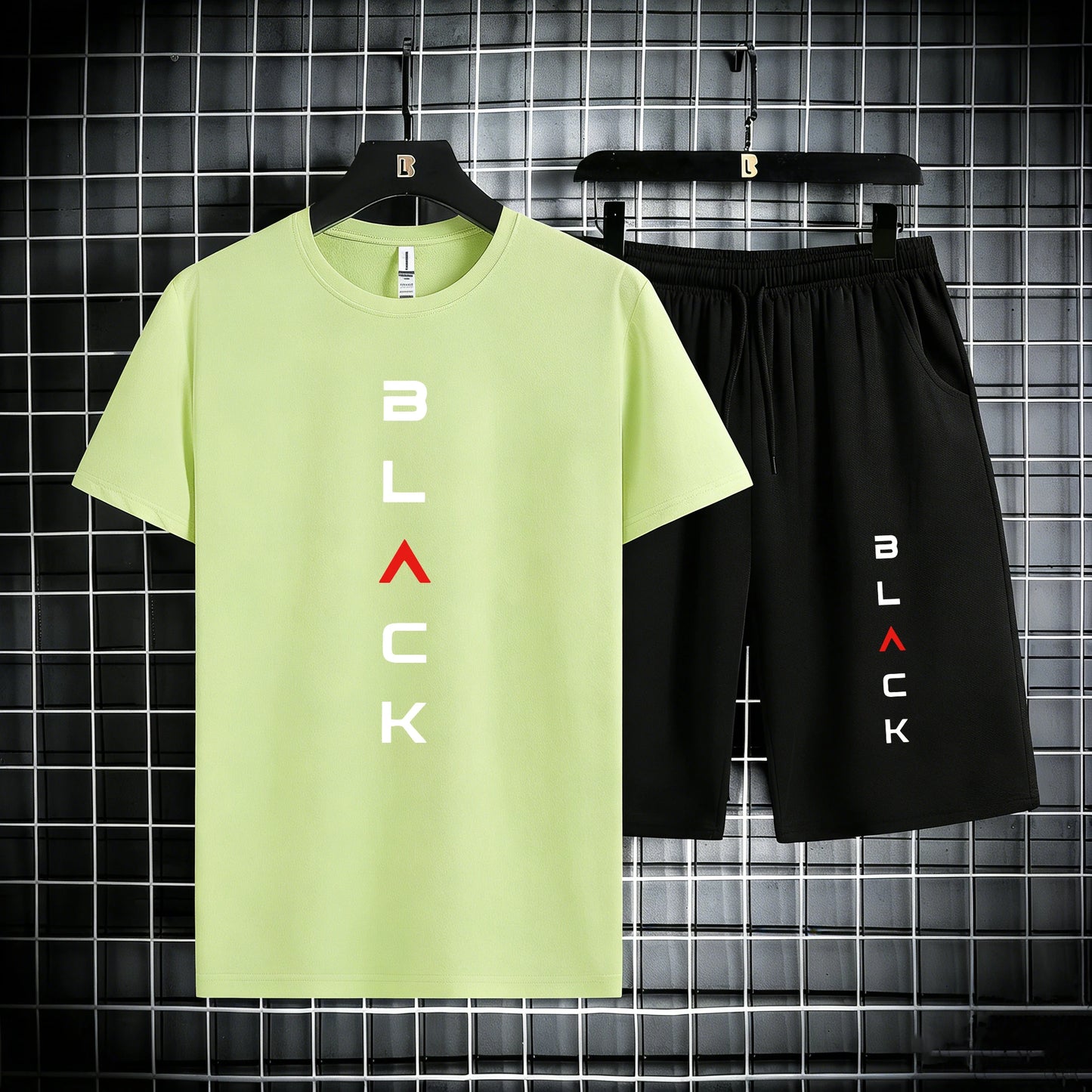 Black Simple Letter Pattern Mens Cotton Summer Classic Short Suits Cool All-Match Streetwear Soft Pocket Bottom Daily 2Pc Set