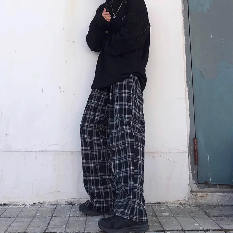 Women's Plaid Wide Leg Sweatpants - High Waist Casual Trousers