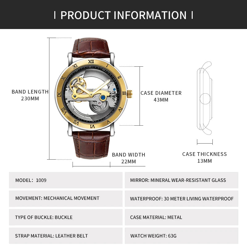 Automatic Skeleton Watch - Golden Bridge Mechanical Wristwatch for Men