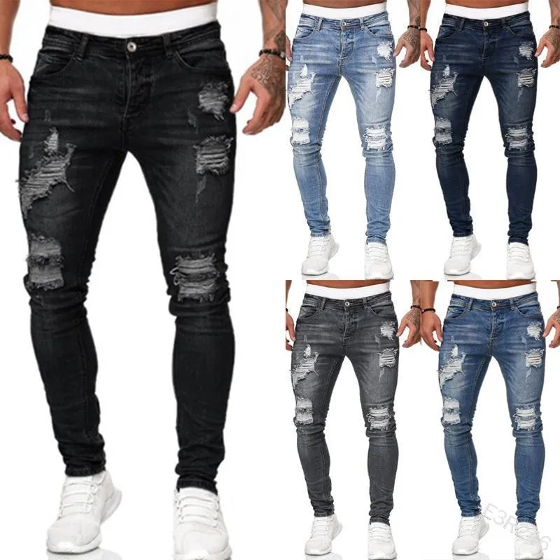 Men's Distressed Stretch Denim Jeans - Slim Fit Casual Pants