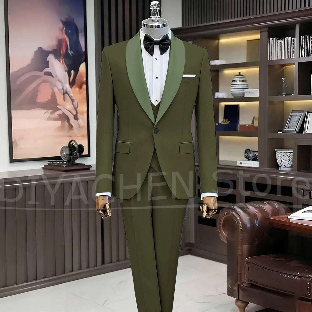Black Suits for Men Elegant Shawl Lapel One Button Male Suit Slim (Jacket+Vest+Pants) Banquet Prom Wedding Party Tuxedo 3 Piece