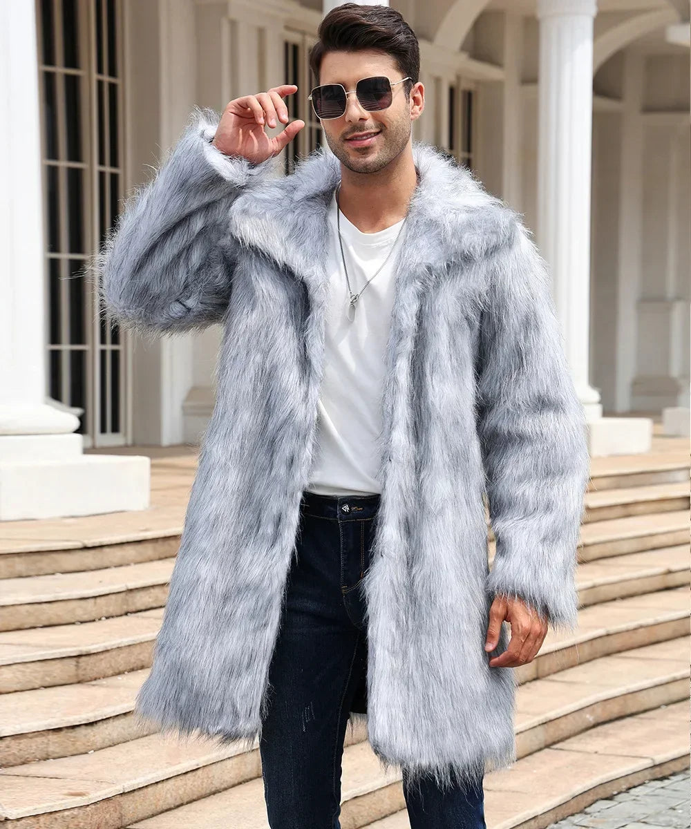 Men's Luxury Faux Fur Winter Coat - Long Sleeve Warm Jacket