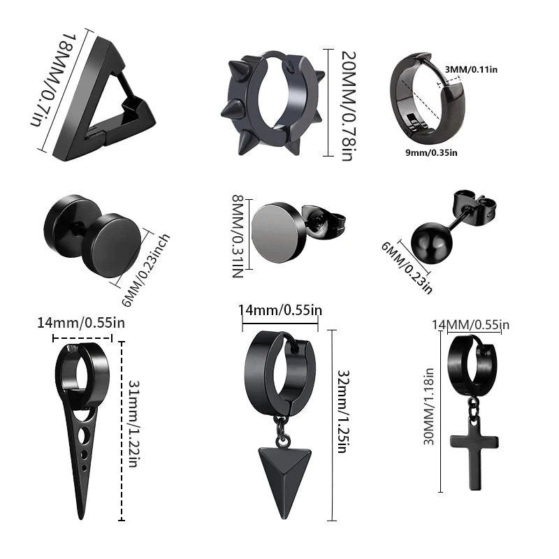 Urban Edge Punk Black Stainless Steel Stud Earrings For Men And Women - Minimalist Street Style For Hip Hop Gothic Looks