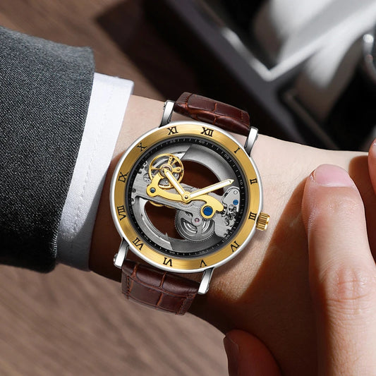 Automatic Skeleton Watch - Golden Bridge Mechanical Wristwatch for Men