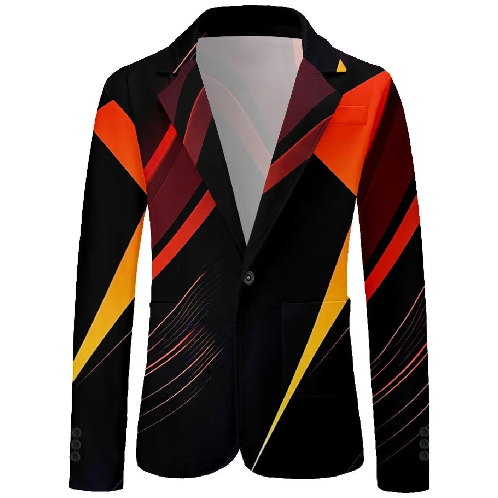 Men's Stylish Yellow Suit Jacket Minimalist Black Linear Geometric Patterns with White Circular Accents for Casual & Office Wear