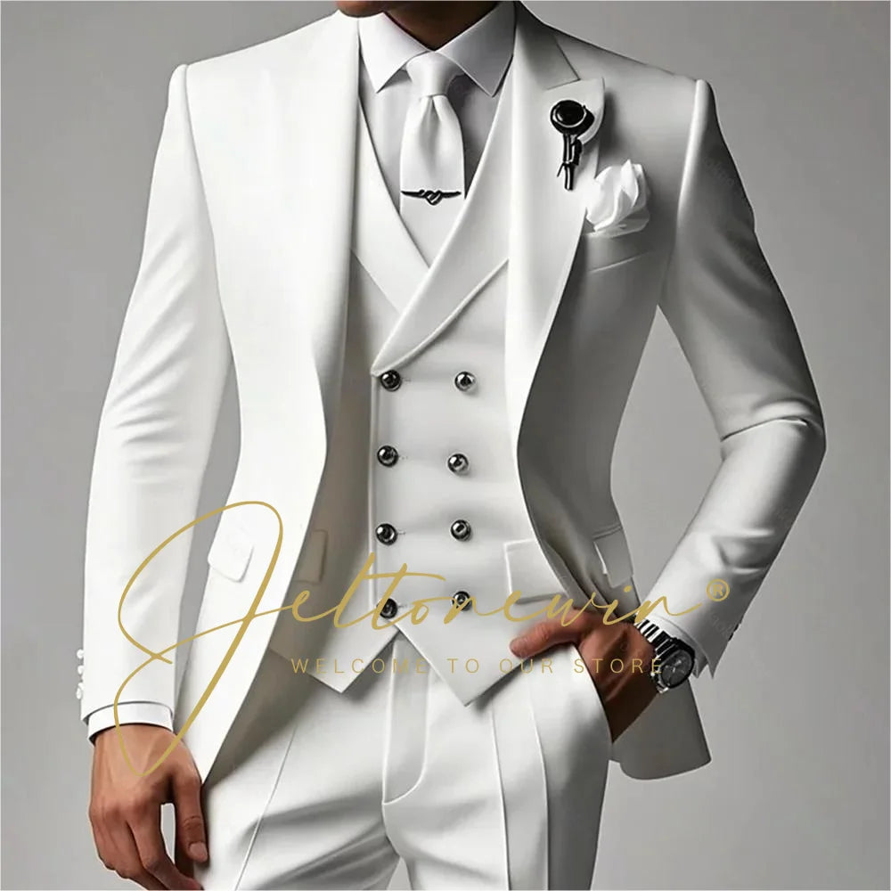 White Suit Set For Men Wedding Party Fashion Blazer Vest Pants Formal  Groom Groomsmen Tailor-made Male High Quality Tuxedos