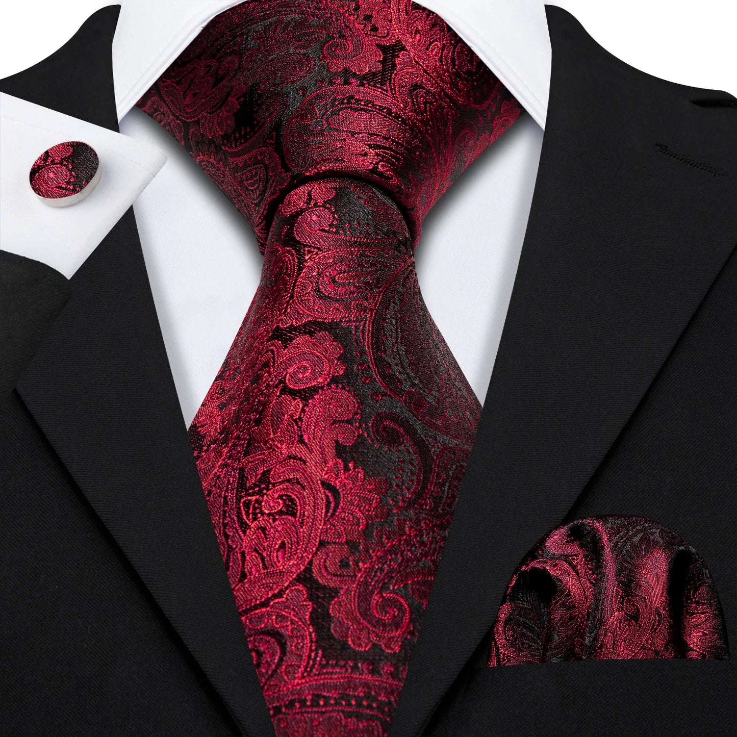 Barry.Wang Red Silk Mens Tie Hanky Cufflinks Set Burgundy Maroon Scarlet Carmine Rose Jacquard Necktie For Male Wedding Party