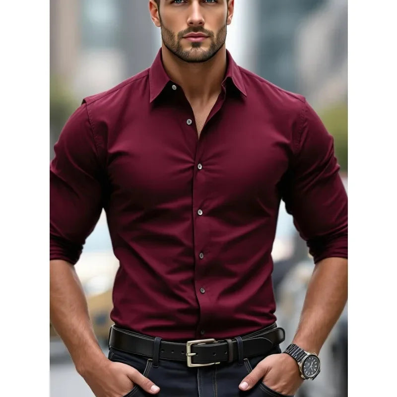 Men's Solid Color Elastic Long Sleeve Four Seasons Smart Casual Business Shirt