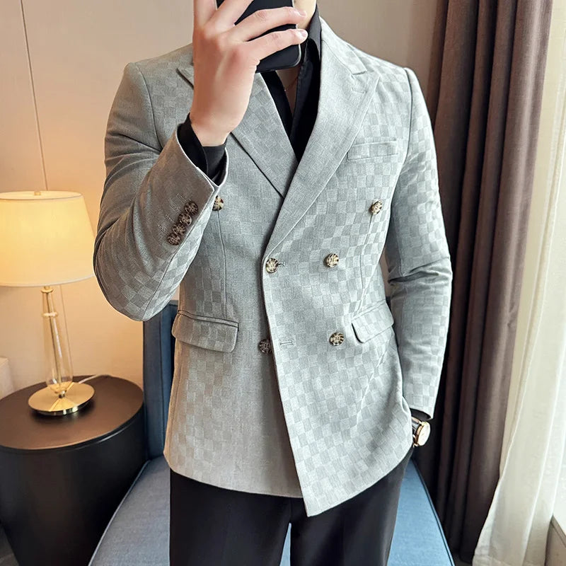 6 Color Luxury Double Breasted Blazers Coats 2024 New Fashion Checkered Business Slim Fit Social   Formal Suit Jacket 5XL-M