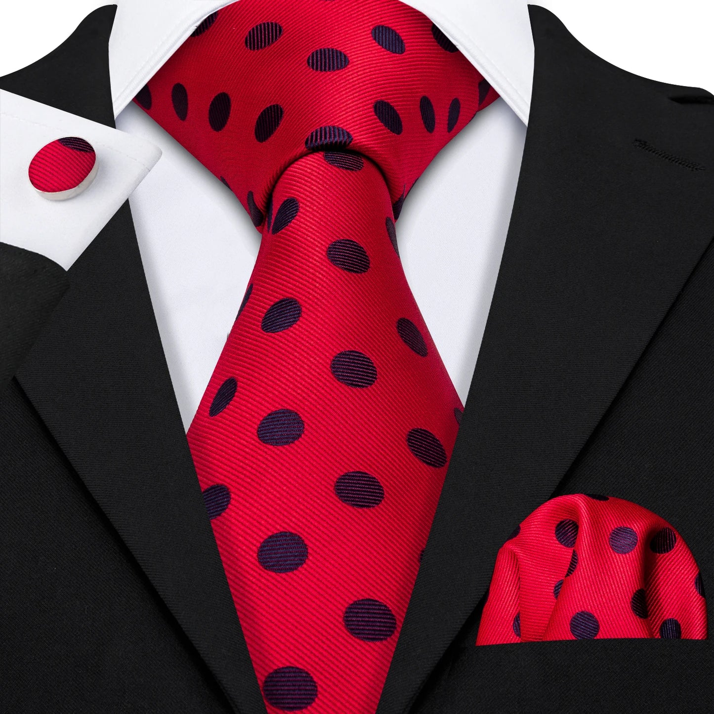 Barry.Wang Red Silk Mens Tie Hanky Cufflinks Set Burgundy Maroon Scarlet Carmine Rose Jacquard Necktie For Male Wedding Party