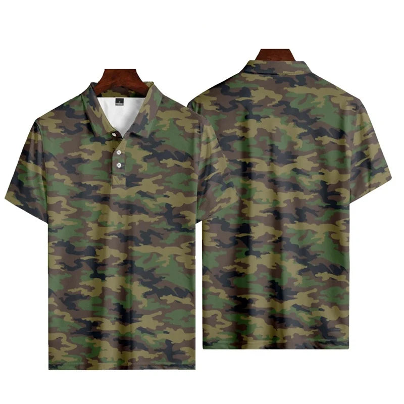 No Brand Casual Camo 3D Printed Polo Shirt For Men - Breathable Polyester Streetwear Polo Top