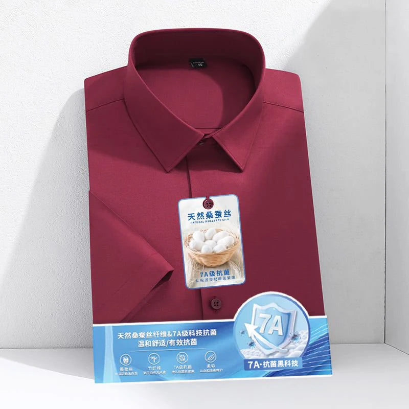 Larger Size S-6XL Mulberry Silk Men's Short  Sleeve Reverse Wrinkle and Cool Comfortable Slim Social Business Formal White Shirt