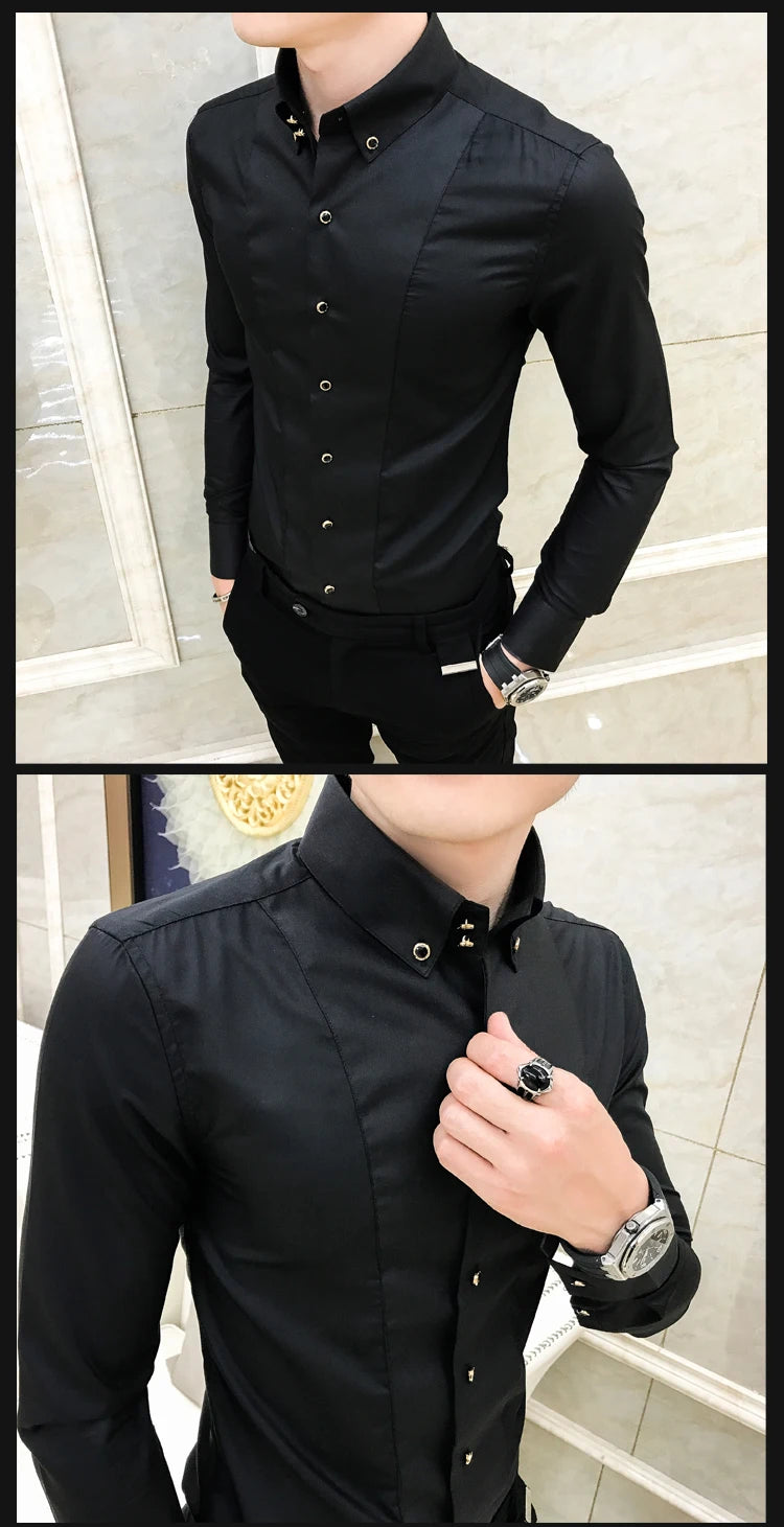 Men's Shirts Luxury Brand New Long Sleeve Elegant Shirts for Men Clothing Slim Fit Casual Mens Dress Shirts Formal Black/White