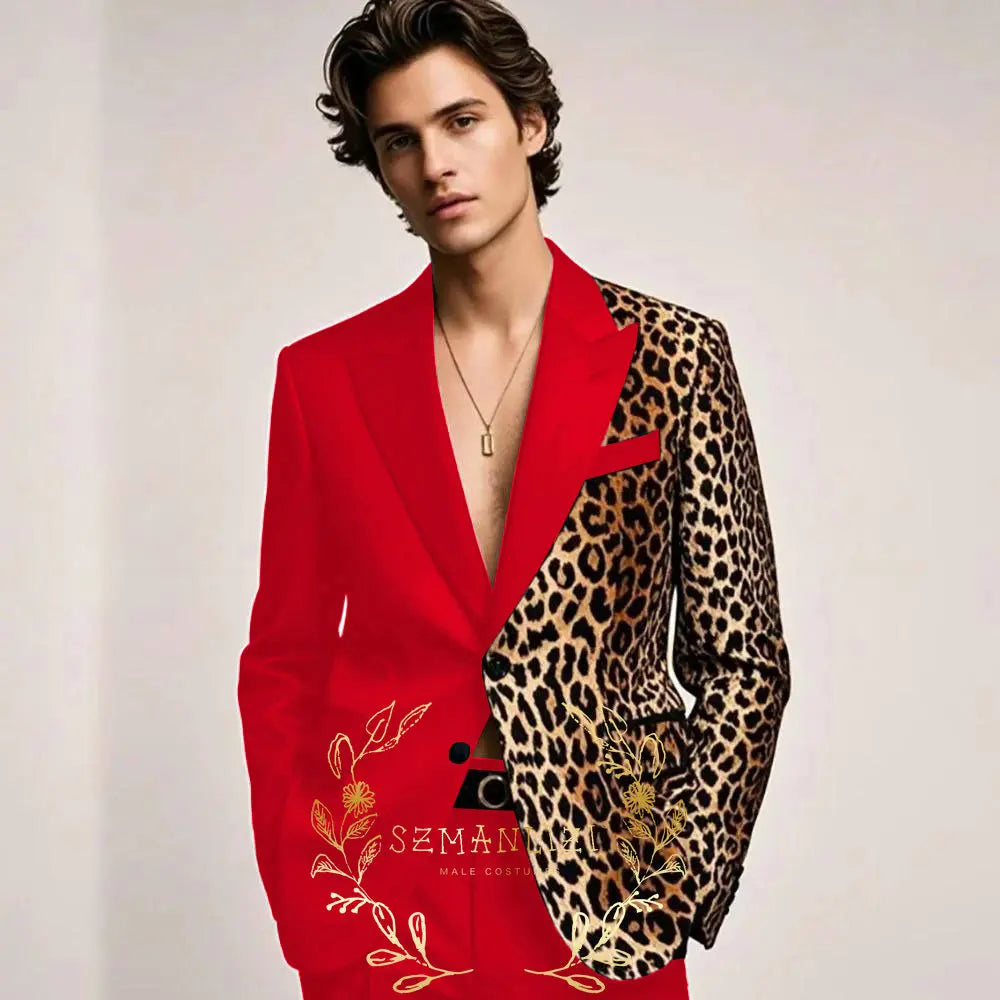 Fashion Suit for Men Leopard Print Peaked Lapel Slim Fit 2 Piece Jacket Pants Blazer Wedding Party Tuxedo Male Clothing