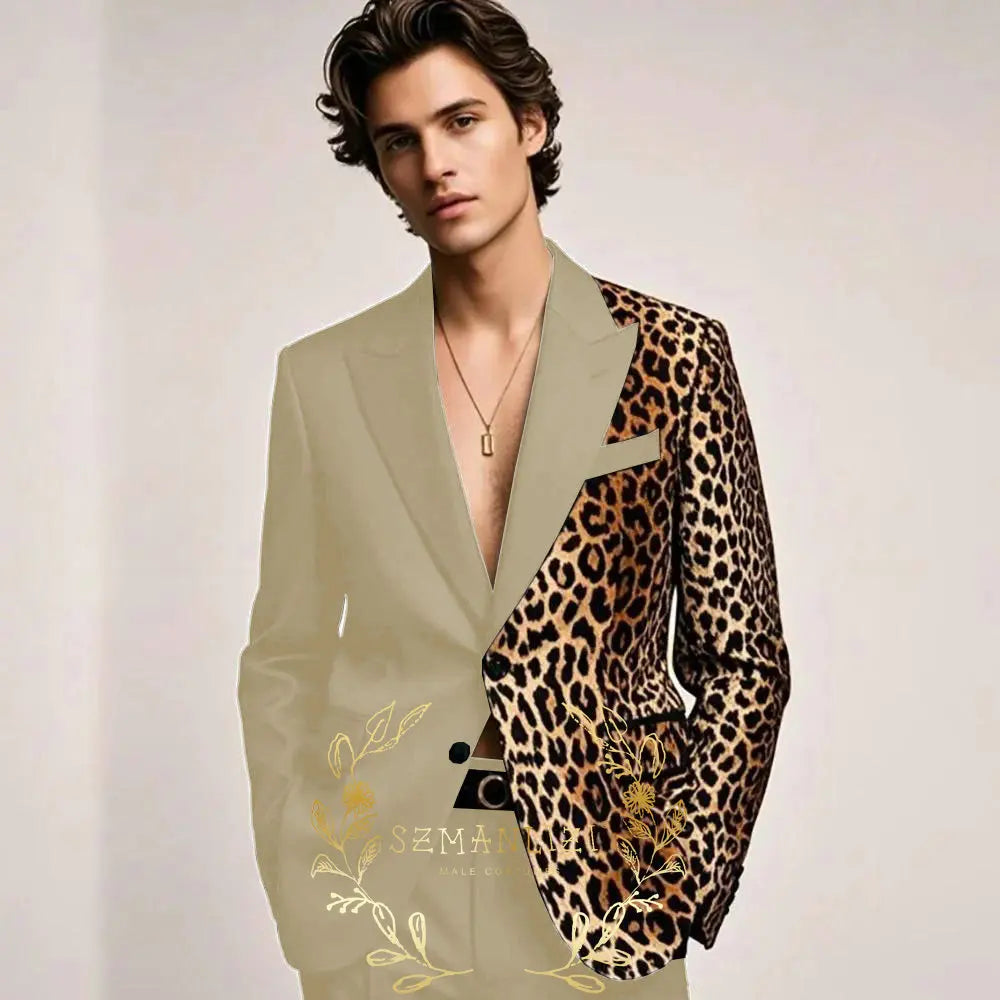 Fashion Suit for Men Leopard Print Peaked Lapel Slim Fit 2 Piece Jacket Pants Blazer Wedding Party Tuxedo Male Clothing