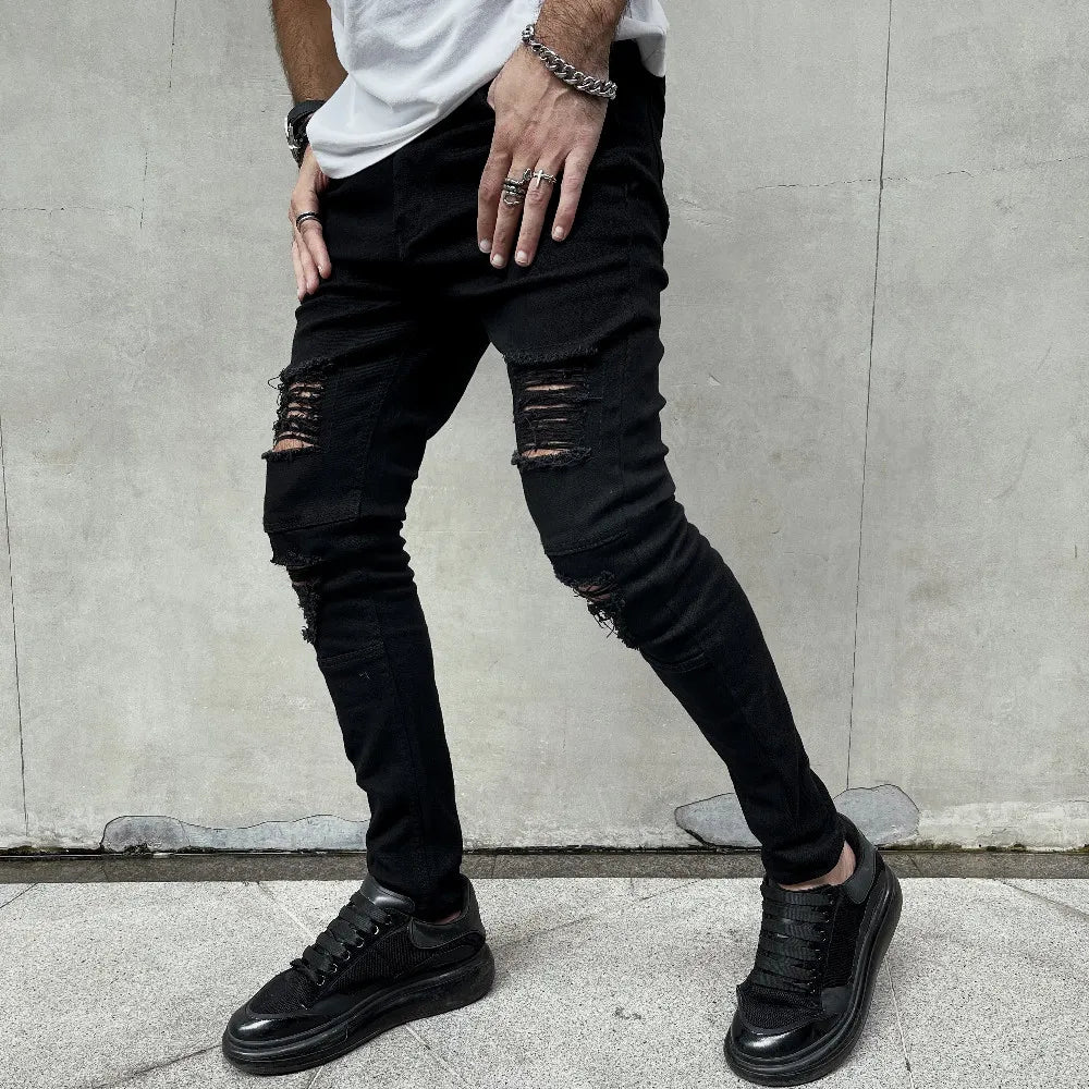 Men's Slim Fit Ripped Denim Jeans - Hip Hop Street Style