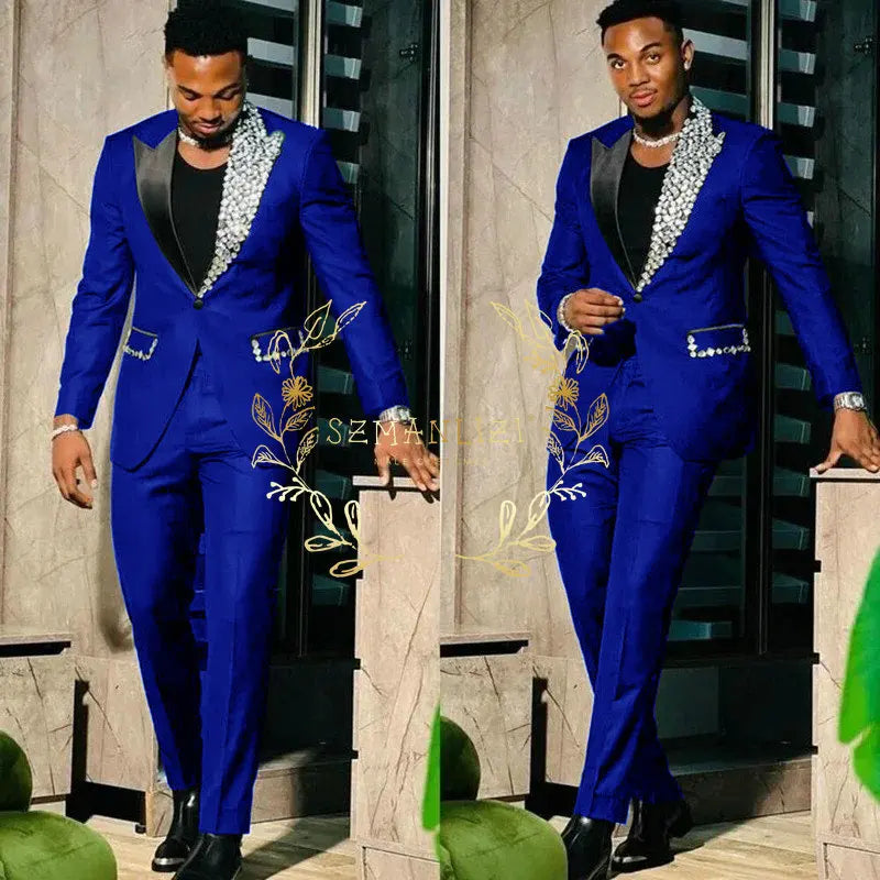 Slim Fit Suit Single Breasted Peak Lapel Blazer High Quality Crystal Prom Party 2 Piece Jacket & Pants for Men