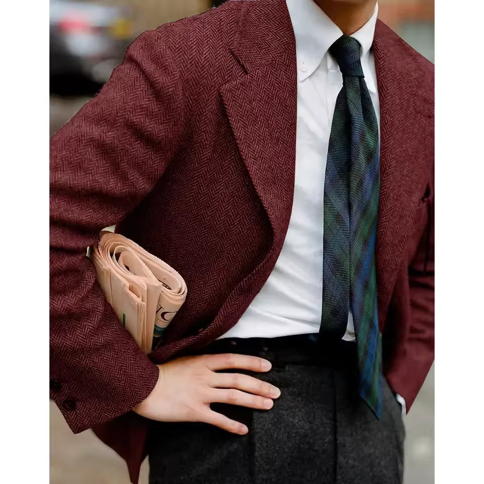 Men's Herringbone Suit Jacket Single Breasted Slim Fit Comfortable Business Blazer Elegant Formal Business Casual Customized
