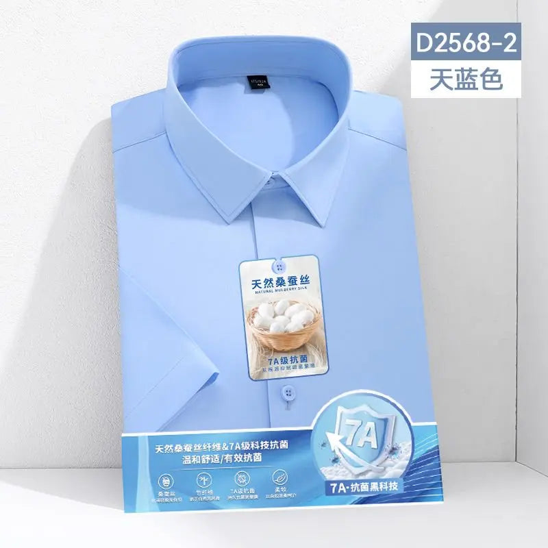 Larger Size S-6XL Mulberry Silk Men's Short  Sleeve Reverse Wrinkle and Cool Comfortable Slim Social Business Formal White Shirt