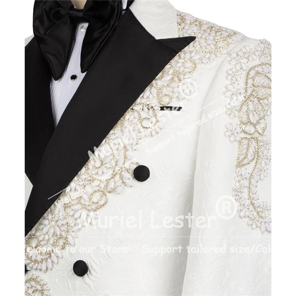 Elegant Suits Men Black Label Jacquard Jacket Pants 2 Piece Sets High-End Customized Beaded Stones Groom Wedding Tuxedos Attire