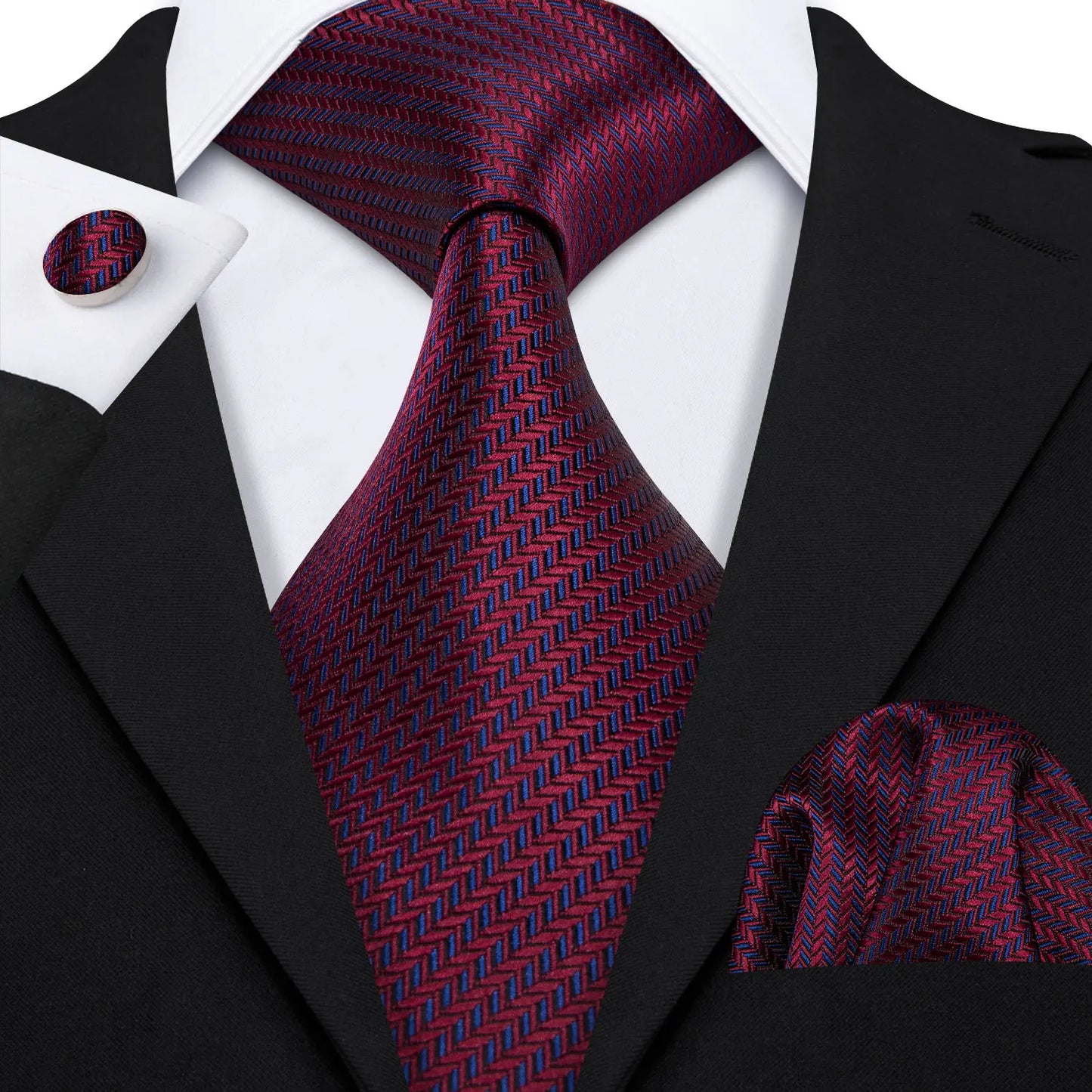 Barry.Wang Red Silk Mens Tie Hanky Cufflinks Set Burgundy Maroon Scarlet Carmine Rose Jacquard Necktie For Male Wedding Party