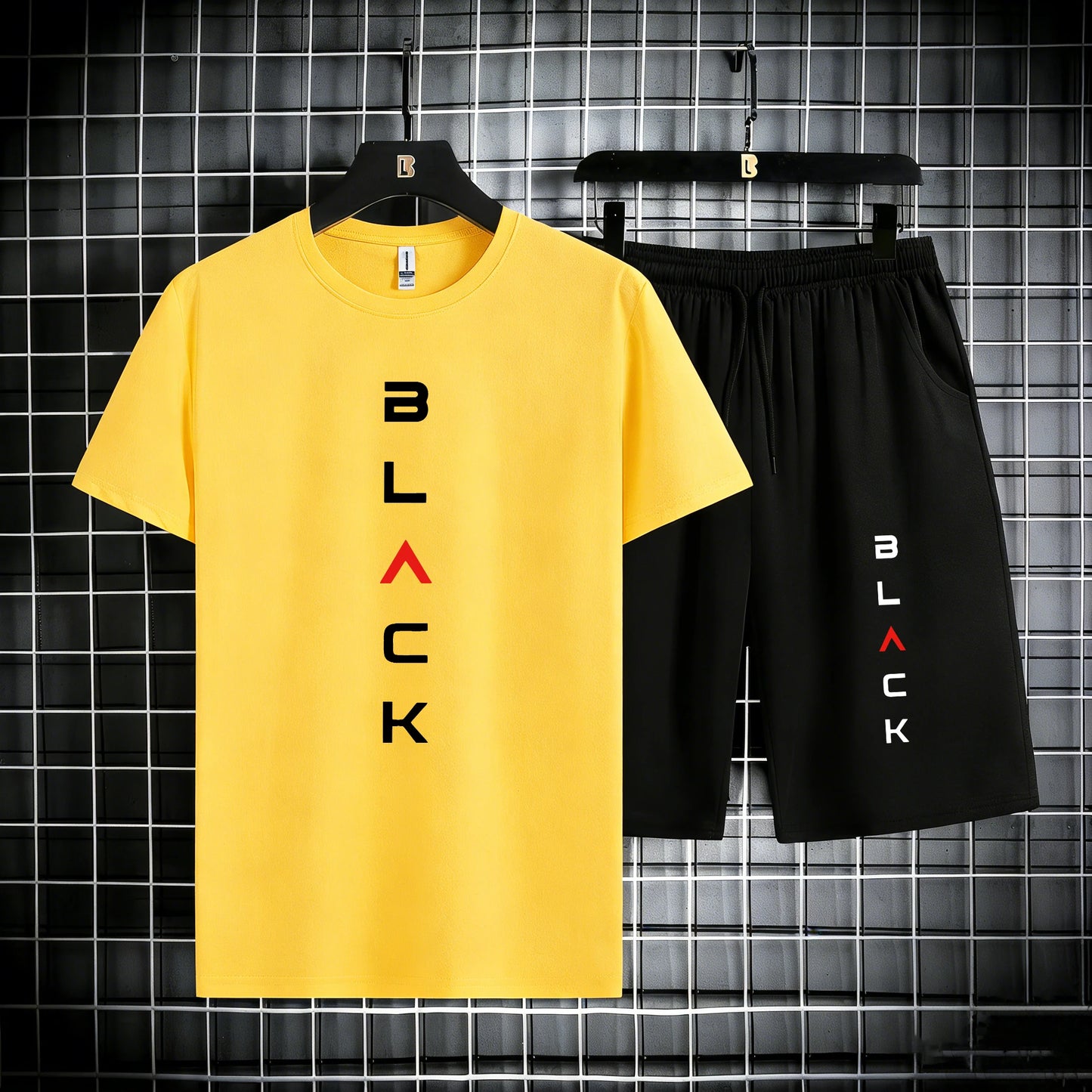 Black Simple Letter Pattern Mens Cotton Summer Classic Short Suits Cool All-Match Streetwear Soft Pocket Bottom Daily 2Pc Set