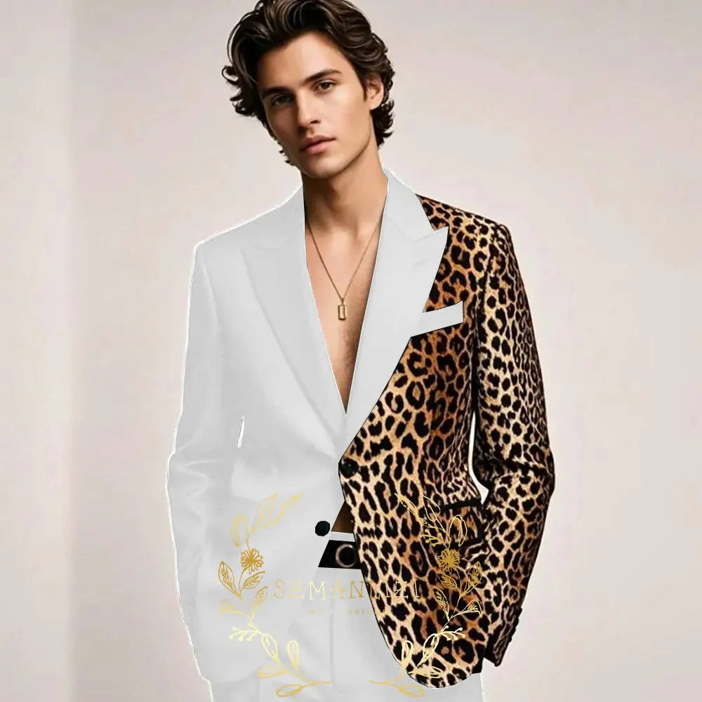 Fashion Suit for Men Leopard Print Peaked Lapel Slim Fit 2 Piece Jacket Pants Blazer Wedding Party Tuxedo Male Clothing