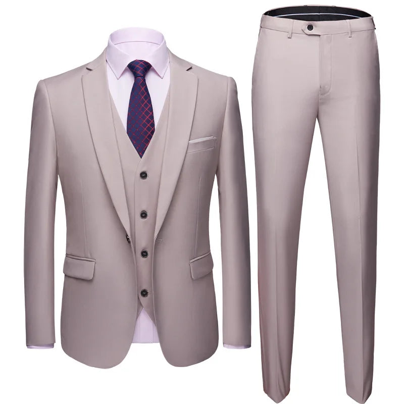 Men Suit Set Simple Solid Color Long Sleeve Male Outfit Single-breasted Slim Business Wedding Versatile Men Three-piece Suits