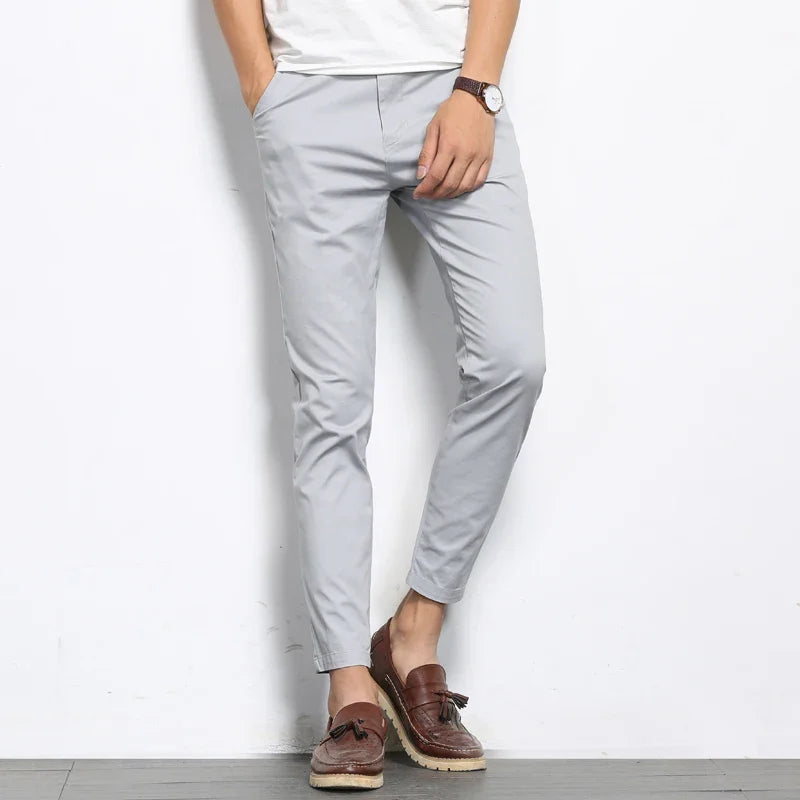 Men's Casual Straight-Leg Pants - Cotton Blend Ankle-Length Trousers
