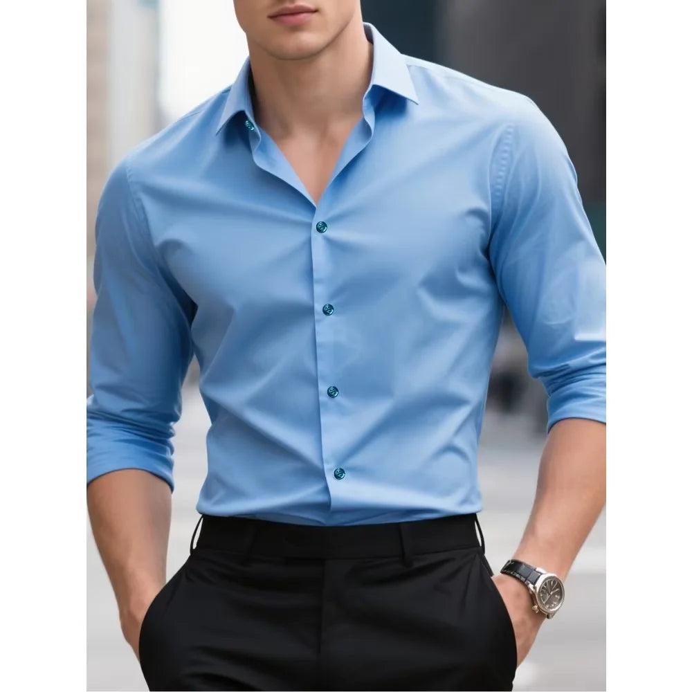 Men's Solid Color Elastic Long Sleeve Four Seasons Smart Casual Business Shirt