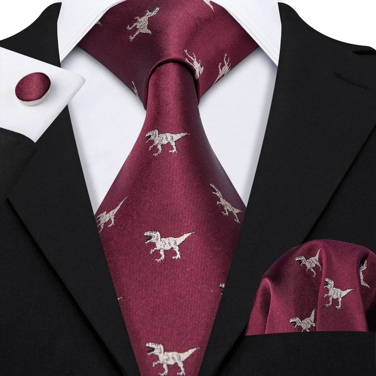 Barry.Wang Red Silk Mens Tie Hanky Cufflinks Set Burgundy Maroon Scarlet Carmine Rose Jacquard Necktie For Male Wedding Party